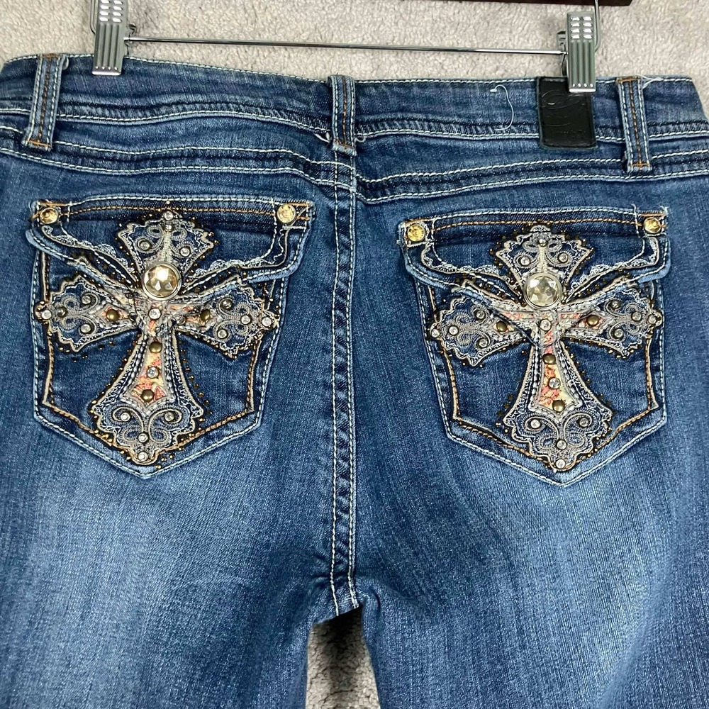 Grace in LA Womens Bootcut Jeans Blue Denim Cross Embellished Pockets Size 14